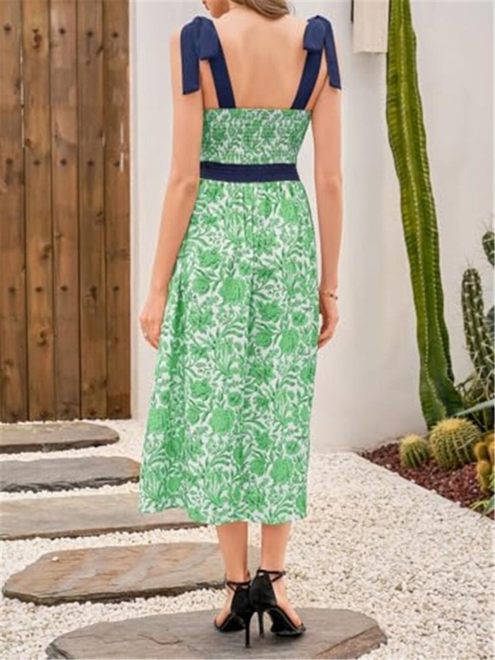 Women's Summer Floral Midi Dress Casual Tie Strap Sleeveless Boho Dress - Picture 3 of 5